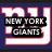 Pixelated New York Giants logo with text overlays: 'NEW YORK GIANTS', 'NFC CHAMPIONS', and 'SUPER BOWL 42 ON OUR WAY' on a dark blue background.