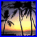 Pixelated sunset scene with palm trees silhouetted against a gradient sky transitioning from yellow to orange and purple, bordered by solid blue frame.