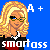 Pixelated cartoon icon of a woman with blonde hair and glasses against blue background, featuring text "A+" above and distorted "smartass" below.