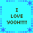 A static icon with a bright cyan background featuring four identical text blocks arranged in a , each displaying "I LOVE YOOH!!!!!" in brown pixelated font with blue decorative borders and asterisks