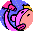 Animated sequence showing a pink and purple rocket, blue alien head, and starry background in circular frames.