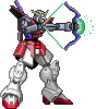 Four pixel-art mecha figures in red, white, and gray pose with blue bows emitting green energy beams against a solid light gray background.