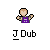 Pixelated character with light brown hair and purple shirt stands against gray background, arms raised in gesture below text reading 'J Dub'.