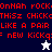Pixelated red text on split background with two star-shaped icons, one white and one dark blue. The text reads 'OnNAh rOCK THISz CHICK LIKE A PAIR = nEW KICKqS' across four lines.