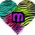 A heart-shaped icon with a colorful striped pattern displays changing purple text and symbols across frames.