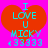 Two identical pixelated images of a red heart on bright pink background with cyan text reading "I LOVE U MICKY" and four small hearts below.