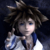 Animated character with spiky brown hair and blue eyes extends hand forward, wearing white and blue outfit against dark background.