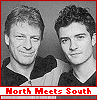 Two men in dark V-neck shirts stand side-by-side against a gray background with red borders and "North Meets South" text below.