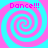 Four identical spiral patterns in cyan and pink with 'Dance!!!' text at each corner, arranged in a on a solid background