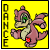 A 3x3 contact sheet of an animated AIM buddy icon featuring a pink dragon-like creature dancing against a yellow background with vertical "DANCE" text on the left.