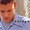 A close-up of a person in a light blue collared shirt with the word 'escape' in black lowercase letters on the right shoulder, set against a blurred background.