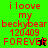 Red pixelated text on green and black backgrounds with small animated figures, displaying 'i loove my beckybear 120409 FOREVER' in four