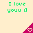 Green text "I love youu :]" appears above a pink triangular shape with a heart symbol on a light yellow background.
