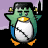 Green penguin with yellow beak and orange feet, wearing black hairpiece and small golden bells on head, standing against purple background.