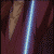 Animated sequence of a character with long brown hair and purple clothing holding a glowing blue lightsaber, showing facial expressions from closed eyes to open mouth.