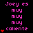Pixelated text in pink reads "Joey es muy muy muy caliente" with red hearts, arranged in a pattern on a black background