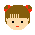 Pixelated cartoon girl with brown hair in red-banded pigtails, black square eyes, and a small red mouth on gray background.
