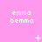 Pixelated pink background with repeated 'emma bemma' text and changing white symbols across three