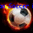 Pixelated soccer ball engulfed in orange and red flames with blue text above it on a black background.