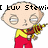Pixelated cartoon character with large eyes, yellow shirt, red pants, holding a colorful object, text above head reads 'I LUV Stewie'