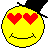 Two pixelated yellow smiley faces with red heart eyes and black hair, displayed side-by-side in a contact sheet format showing different mouth expressions.
