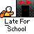 Pixel art animation of two cartoon characters in yellow shirts and orange backpacks interacting near a brick building with black door, text "Late For School" below.
