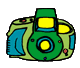 Two side-by-side cartoon-style cameras with green and blue bodies, yellow flash , and a central lens; the right camera shows an active flash effect
