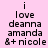 Pixelated text on a pink background reads 'i love deanna amanda &+ nicole' with a second identical text block below it.