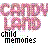 Pixelated text reads 'CANDY LAND' in large pink and purple gradient letters above smaller black pixelated text reading 'child memories'.