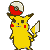 A 5x4 contact sheet of pixel art frames showing a yellow cartoon character with red cheeks, black-tipped ears, and a Poké Ball on its head holding a white sword-like object in various poses against a gray background.