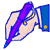 Pixelated icon of a stylized object with purple and blue hues, featuring a central purple shape flanked by light-colored sections and a blue rectangular element on the right.