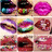 Animated sequence of stylized lips in various colors and styles, including solid pink, rainbow gradient, and dark red with white accents.