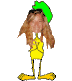 Animated character with long brown hair wearing yellow dress and changing colored berets, performing various poses against gray background.