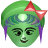Pixelated green face with closed eyes, purple hair strands, and a red bow on the right side of the head.