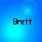 Blue gradient background with four instances of the name 'Brett' in pixelated black text, each positioned at a corner.