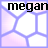 Pixelated icon with partial text 'megan' in bold black letters over a light purple and white geometric background.
