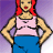 Pixelated cartoon woman with red hair, pink tank top, blue pants stands against purple gradient background; left pose shows hands on hips, right pose shows hands at sides.