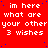 Red background with white pixelated text repeating 'im here what are your other 3 wishes' and scattered blue dots, one gray square in bottom-right corner.