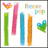 Pixelated static image of six distinct colored shapes including hearts and vertical bars on white background.
