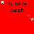 Red background with repeated text "in love pssh" and scattered white/pink stars, animated to shift star positions across frames.