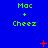 Blue background with green 'Mac + Cheez' text repeated in a , red plus and X symbols, and scattered red dots in animation
