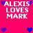 Pixelated pink background with white text 'ALEXIS LOVES MARK' and purple/blue hearts in two distinct animation states.