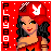 Pixel art buddy icon featuring a woman in red attire with a Playboy bunny logo on her hat, displayed as two sequential frames of an animation against a red background with white dots and vertical "PLAYBOY" text.