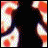 A pixelated animated sequence showing a stylized figure with a black silhouette against a solid black background, cycling through multiple color variations of its patterned body.