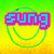 Pixelated text and symbols on a gradient background with circular outlines.