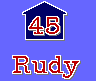Two identical blue house-shaped icons with red '45' numerals above red text reading 'Rudy' and 'Hillary' on a blue background.