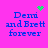 Pixelated text 'Demi and Brett forever' on bright pink background with green pixel clusters in four positions.