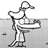 Static grayscale cartoon icon of a stick figure with a duck head standing in water, holding a long object horizontally.