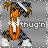 Pixel art contact sheet showing two frames of an animated AIM buddy icon featuring a cartoon woman with orange skin, brown pigtails, and black-and-white checkered clothing standing on white clouds against a gray background with the text 'thug'n' below her.