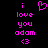 Pixelated pink text and symbols on black background, with a heart symbol above the phrase "i love you adam <3".